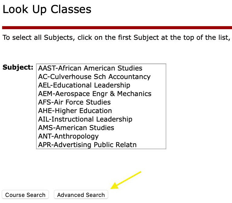 Look up classes list and advanced search options